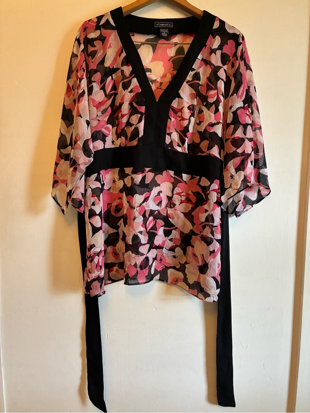 Elementz Black Sheer Tunic with Pink Floral Print
